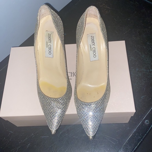 Jimmy Choo glitter fabric champagne pumps with gorgeous mirror heel - Picture 3 of 13